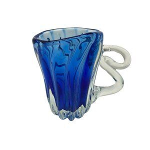 Hand Blown Art Glass Mis-Shapened Blue and Clear Glass 5.25 Inches Tall w/Handle
